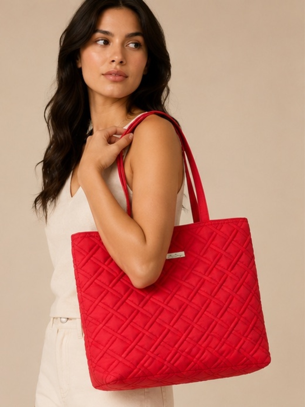 Vera Bradley Bright Red Quilted Tote Bag Large Travel Carryall Handbag